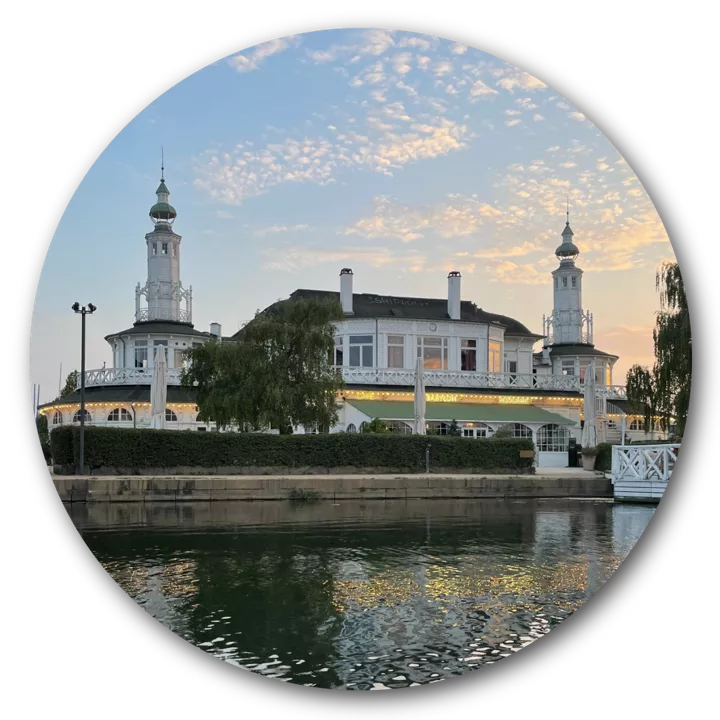 hotel building, sunset, sea view infront
