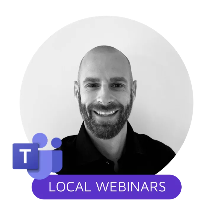 webinar speakers image for a webinar, with a teams logo, grey background, purple sign saying local webinars