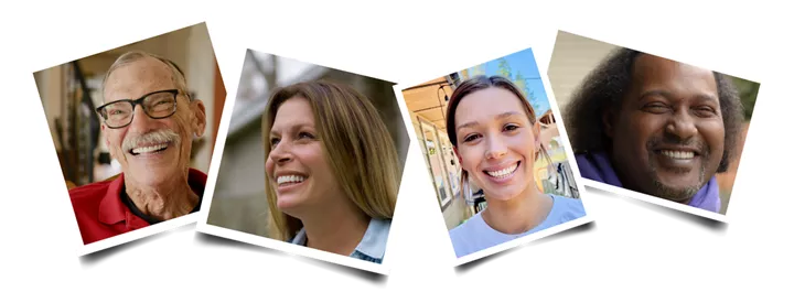 Quatro retratos de pessoas que mostram os dentes com um sorriso radiante