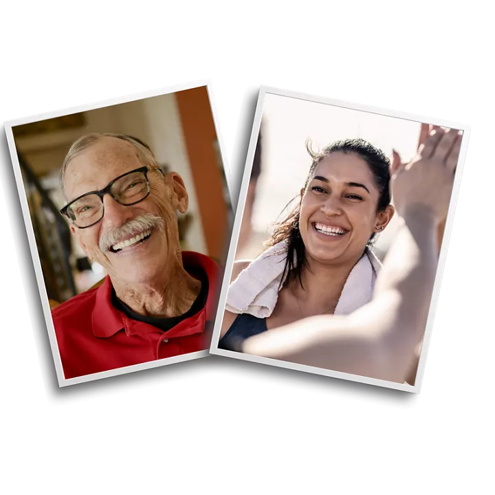 Duas imagens: à esquerda, um senhor mais velho de óculos, sorrindo. À direita, uma jovem com uma toalha enrolada no pescoço, sorrindo enquanto dá um tapinha na mão de alguém