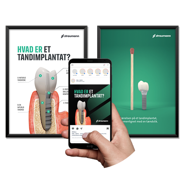posters with dental implant, hand holding a smartphone