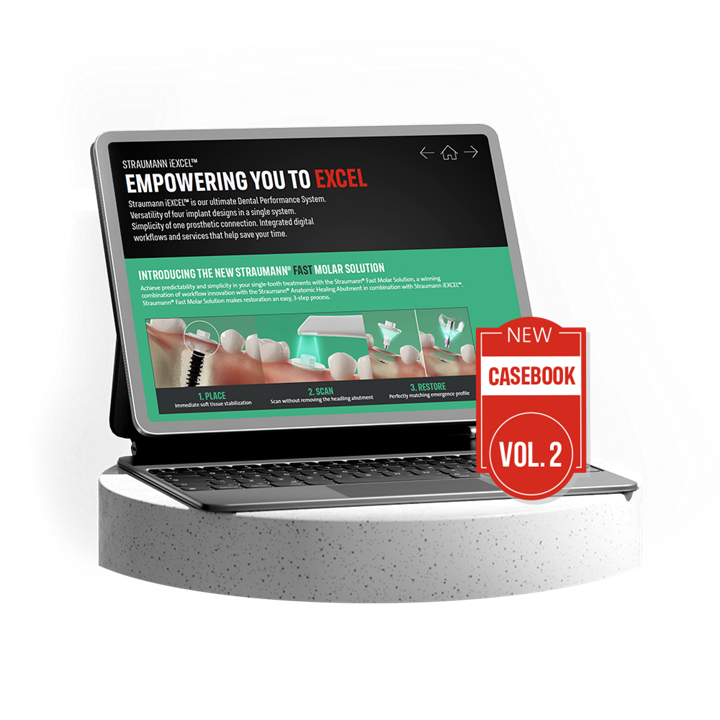 Laptop screen displaying Straumann iEXCEL solution with Casebook Vol. 2 badge