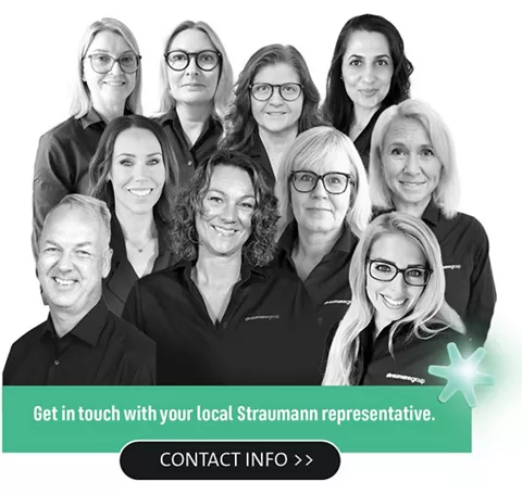 sweden team group of people, text on green background and a contact button on grey