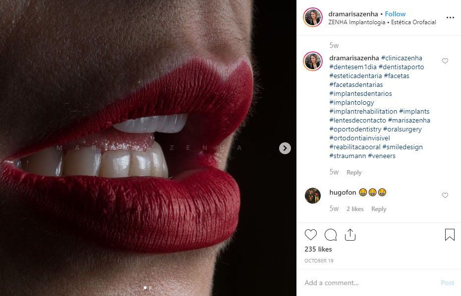 Dr. Marisa Zenha uses several industry related hashtags here like #implantology and #smiledesign to ensure her content is seen by those who want to find it.