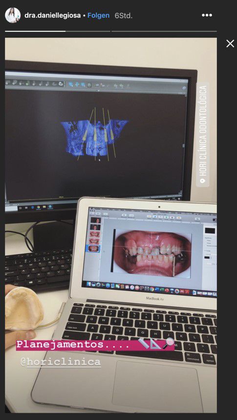 Dra. Danielle Giosa uses an image of her work station with a simple caption and emojis, showing off what she can do for her patients. 