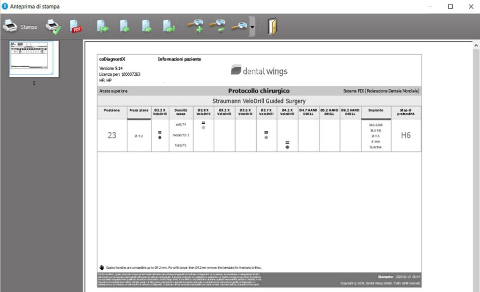 Fig. 31: Printing of the surgical protocol. This represents the plan to be used during implant placement. It drives the choice of the drills that must be strictly followed in order to perfectly stick to the implant planned positioning