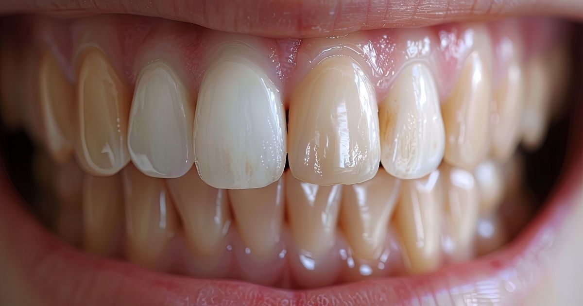 A woman with stained teeth among dental implant